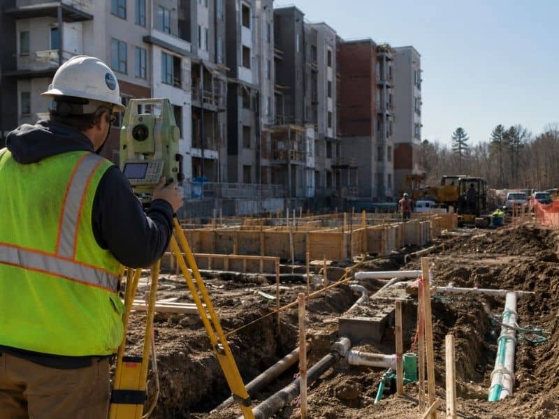 student-housing-utility-layout-survey | Troy Land Surveying Surveyor checking building and underground utility layout at a student housing construction site